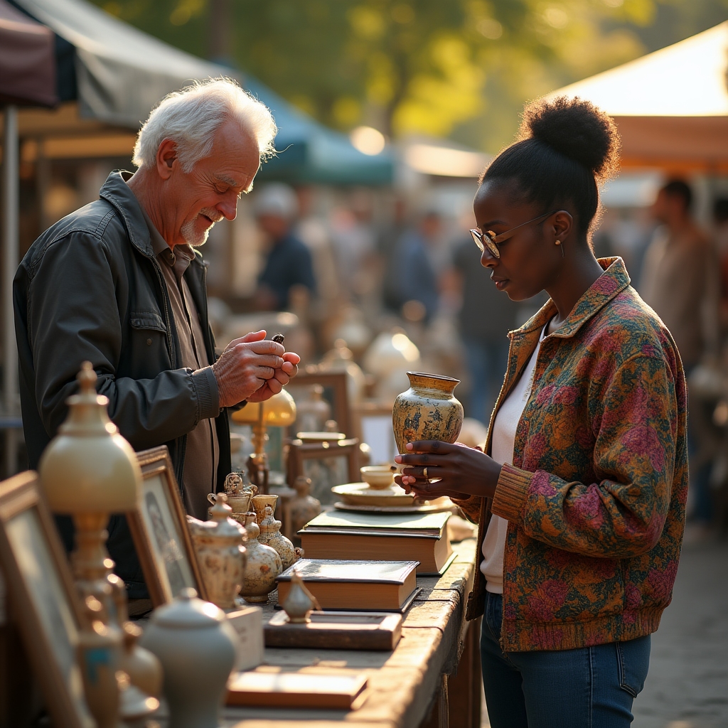 Flohmarkt mit gebrauchten Gegenständen, Verkäufer und Käufer im Gespräch