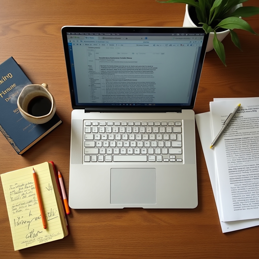 Schreibtisch mit Laptop, Notizbuch und Büchern zur Verhaltensökonomie