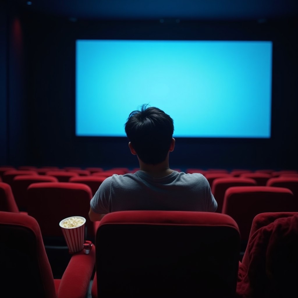 Person sitzt allein im Kino und schaut auf die Leinwand, frustrierter Ausdruck
