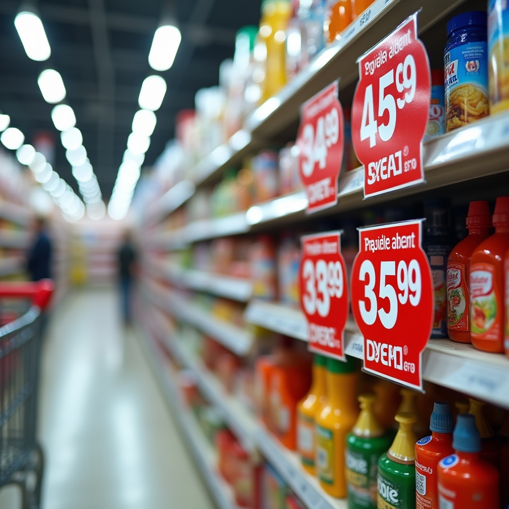 Supermarktregal mit verschiedenen Preisschildern und Sonderangeboten